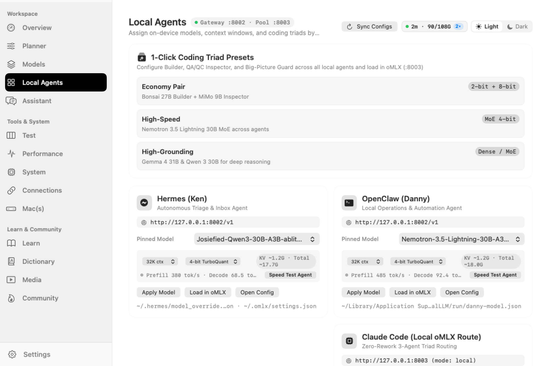 LMM Local Agents window showing 1-Click Coding Triad Presets and connected local coding agents