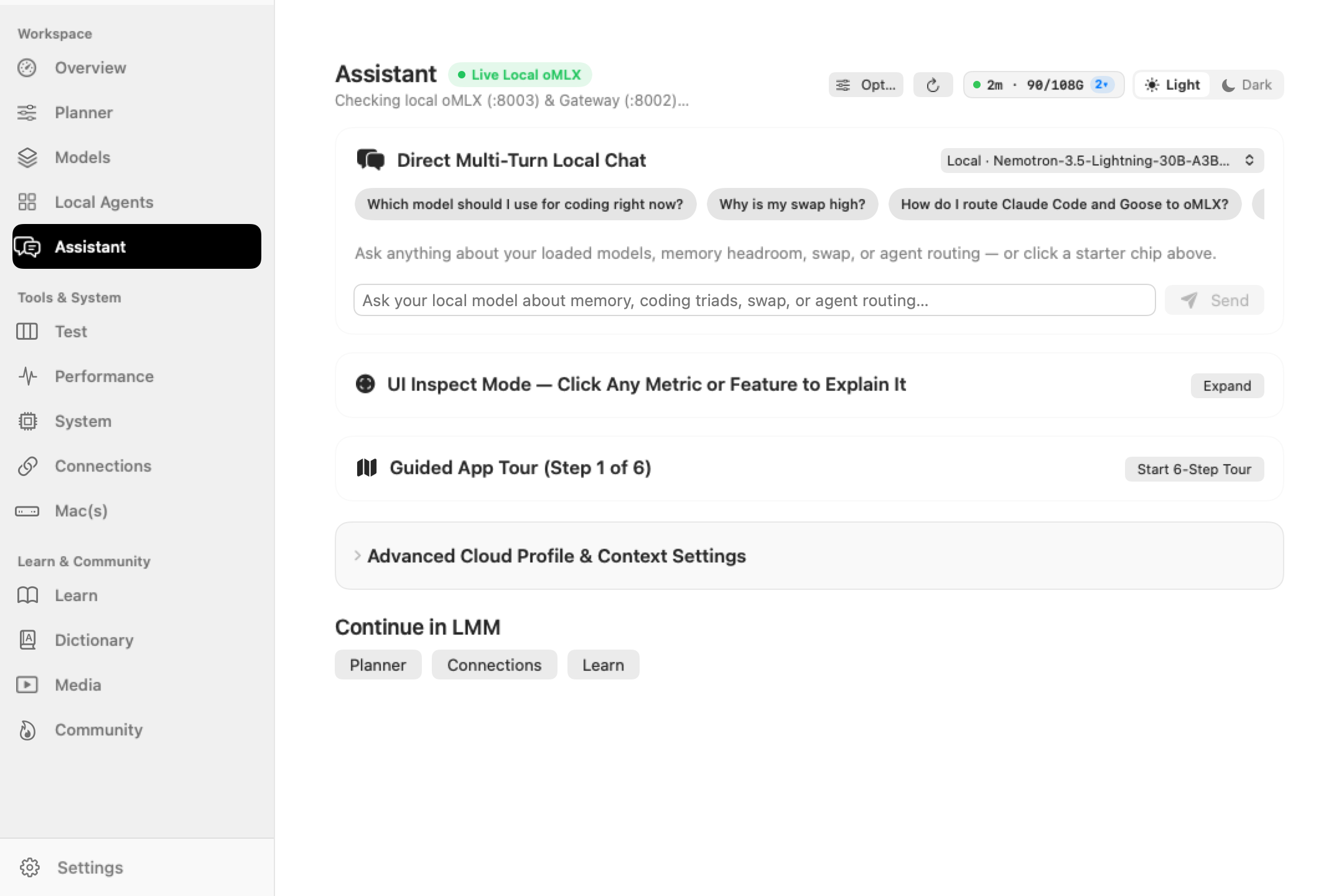 LMM Assistant window showing Direct Multi-Turn Local Chat, UI Inspect Mode, and 6-Step Guided App Tour