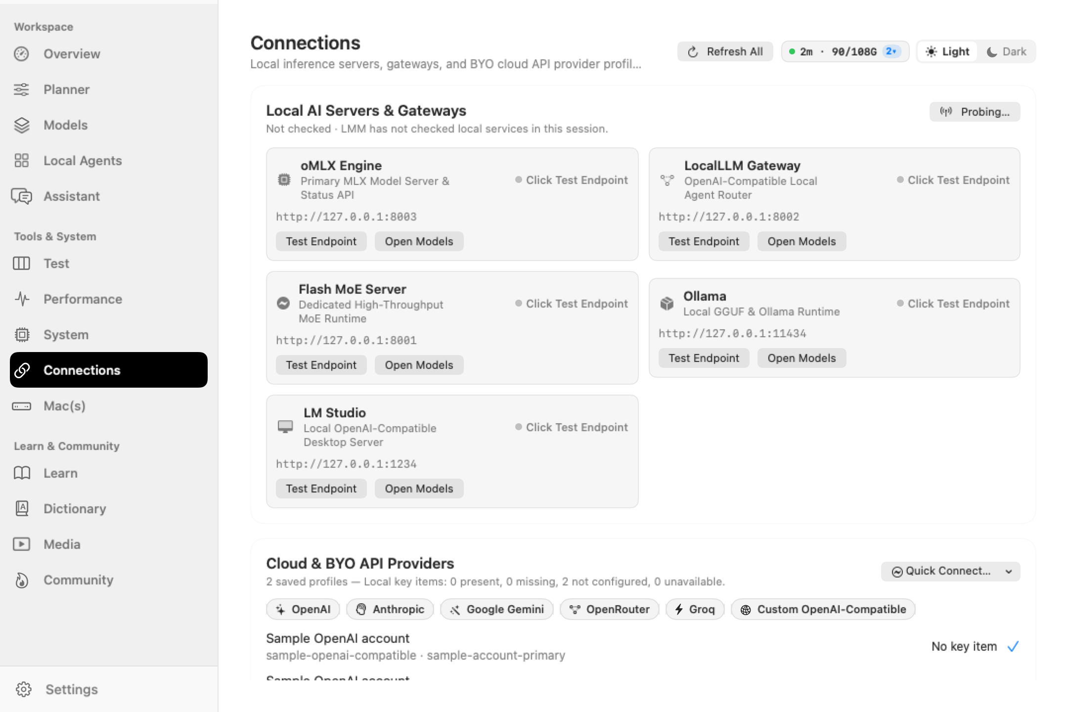 LMM Connections window showing local inference servers (oMLX, LocalLLM Gateway, Flash MoE, Ollama, LM Studio) and local-only key status