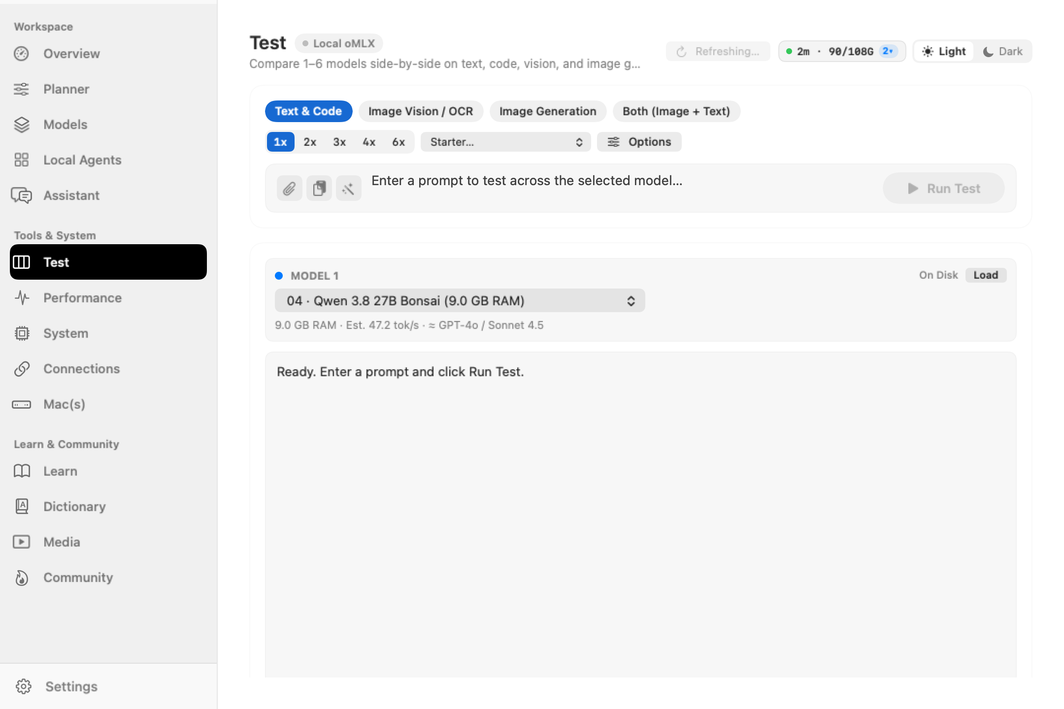 LMM Test Workbench page showing side-by-side model comparison and glass prompt composer