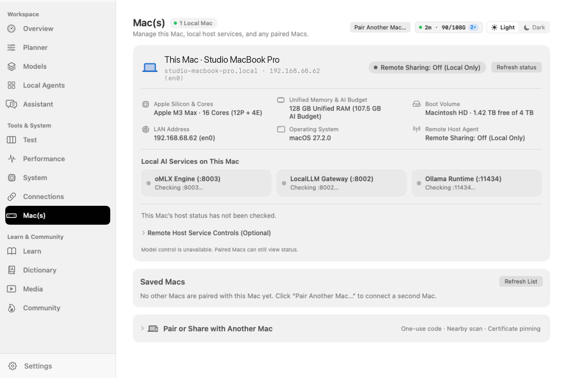LMM Mac(s) window showing Apple Silicon hardware telemetry, local AI services, and mutual-TLS headless instance pairing