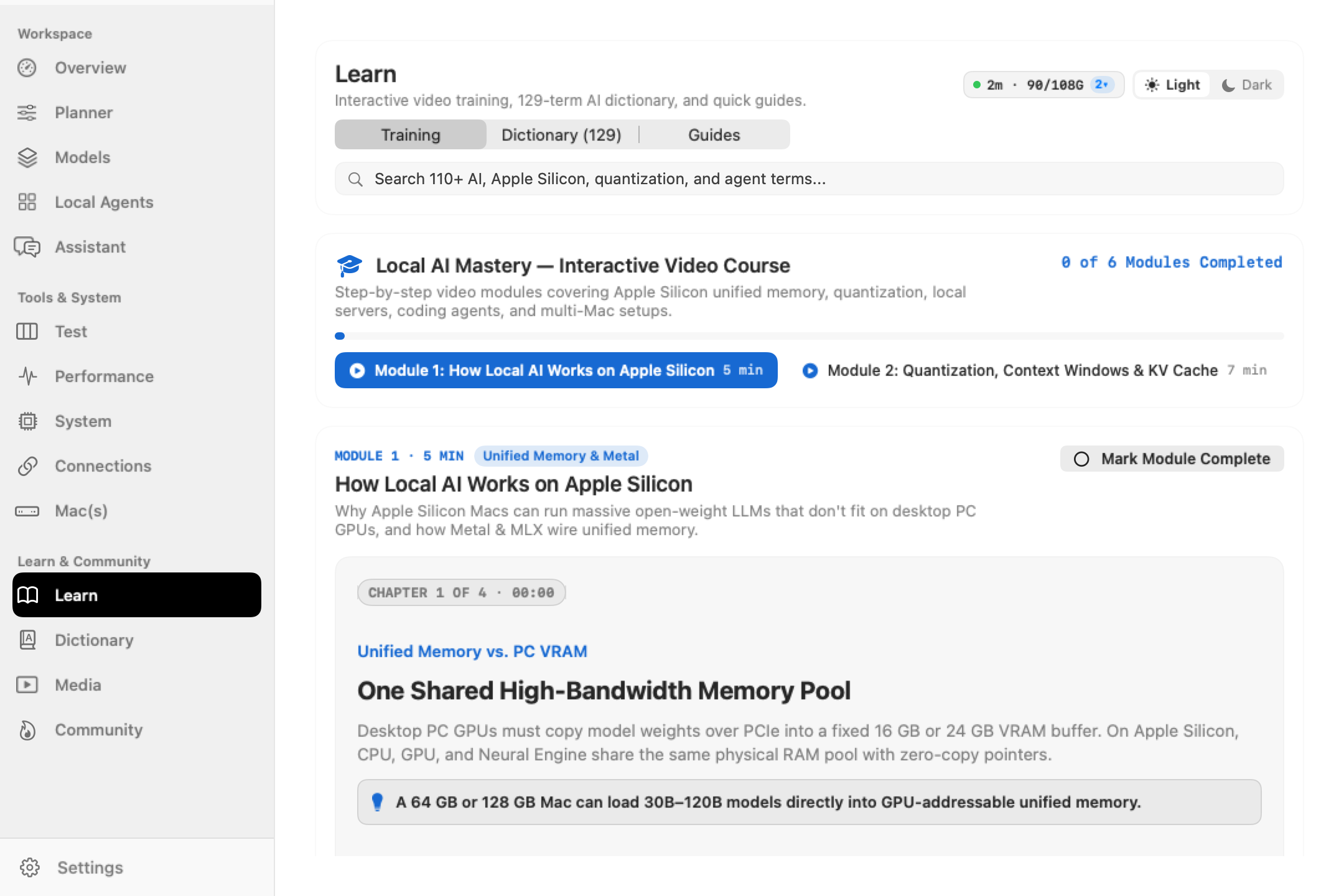 LMM Learn page showing Interactive Video Course and 129-Term Local AI Dictionary