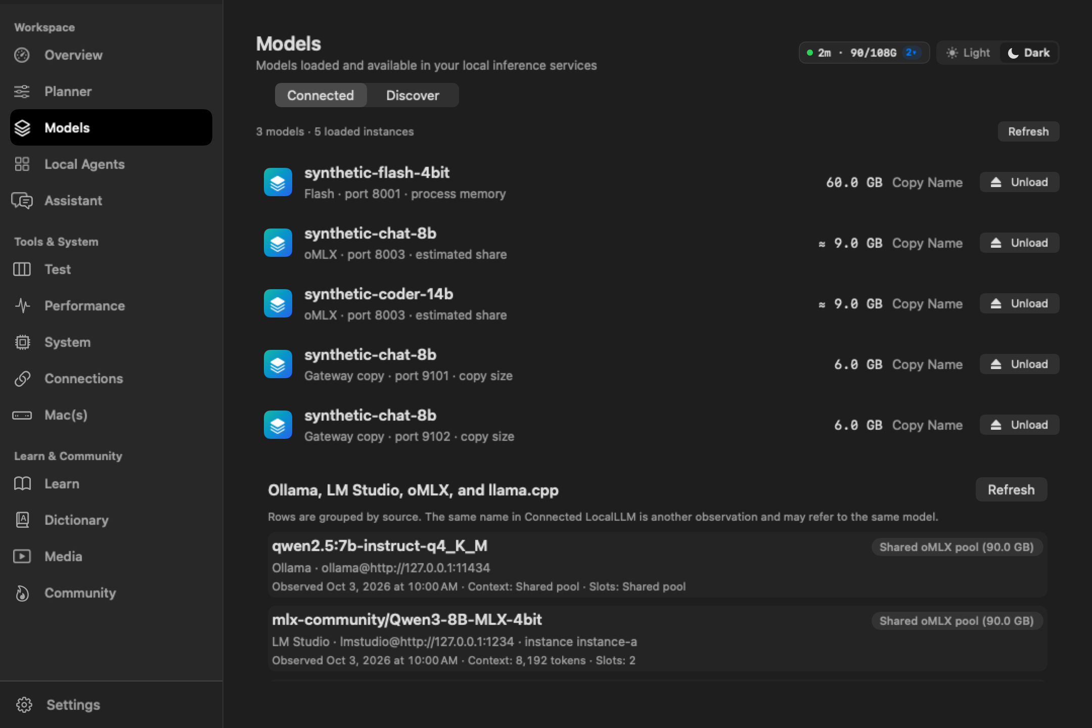 LMM Models Discover page in Dark mode showing single-line capability pills and hardware fit badges