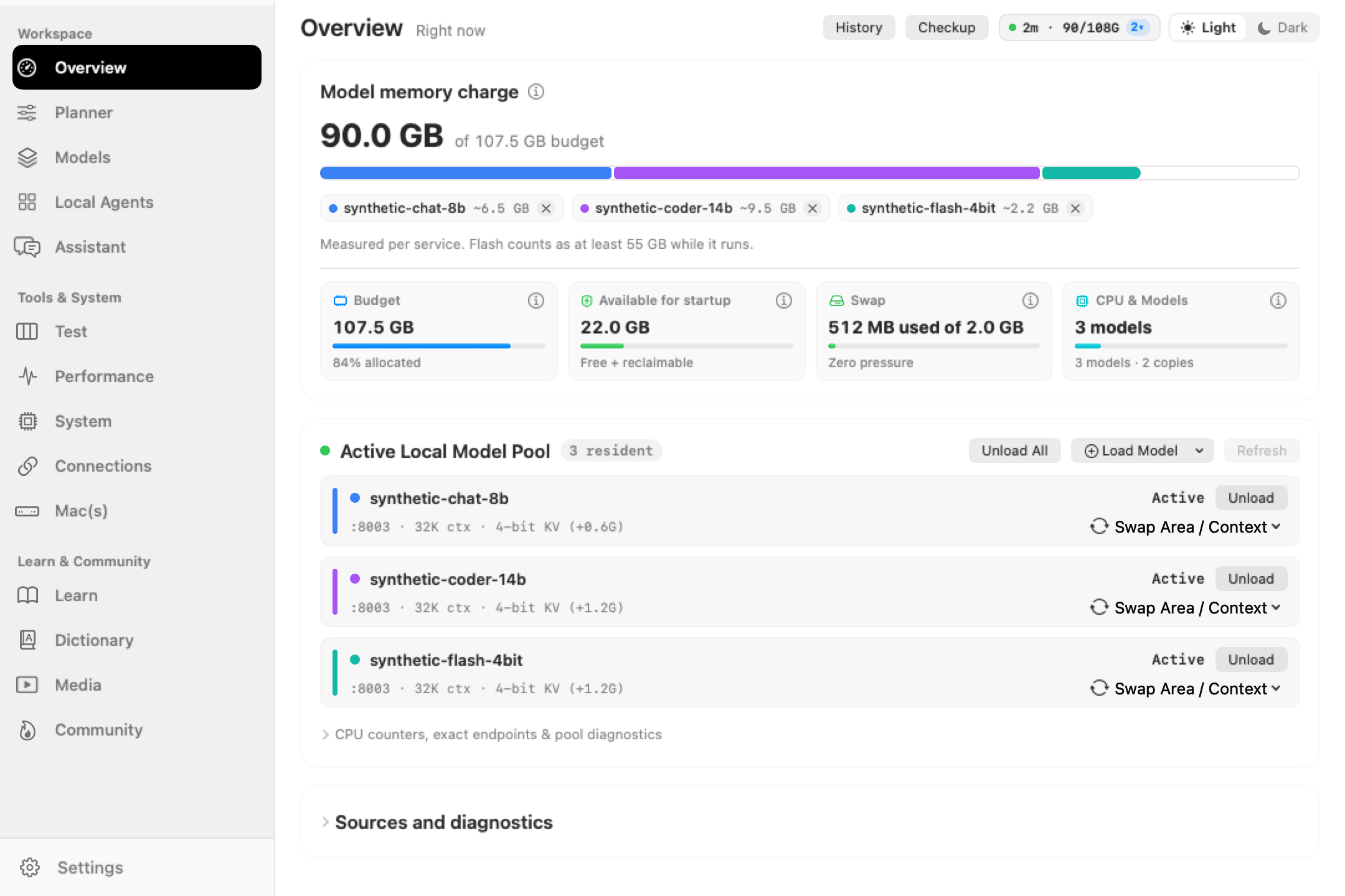 LMM Overview page in Light mode showing Unified Memory headroom, Loaded Models, and 3-tile System Snapshot